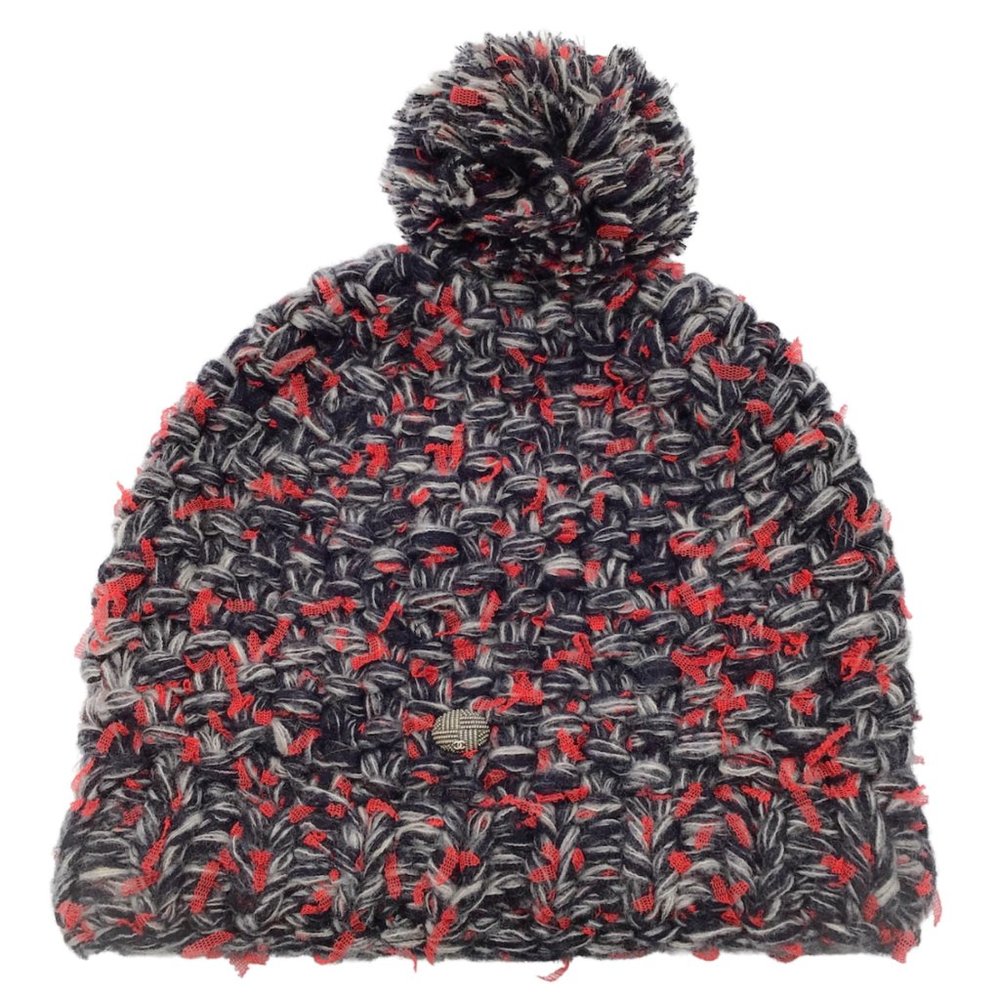 CHANEL RED / GREY / BLACK WOVEN CASHMERE AND SILK CHUNKY KNIT POM POM BEANIE / H